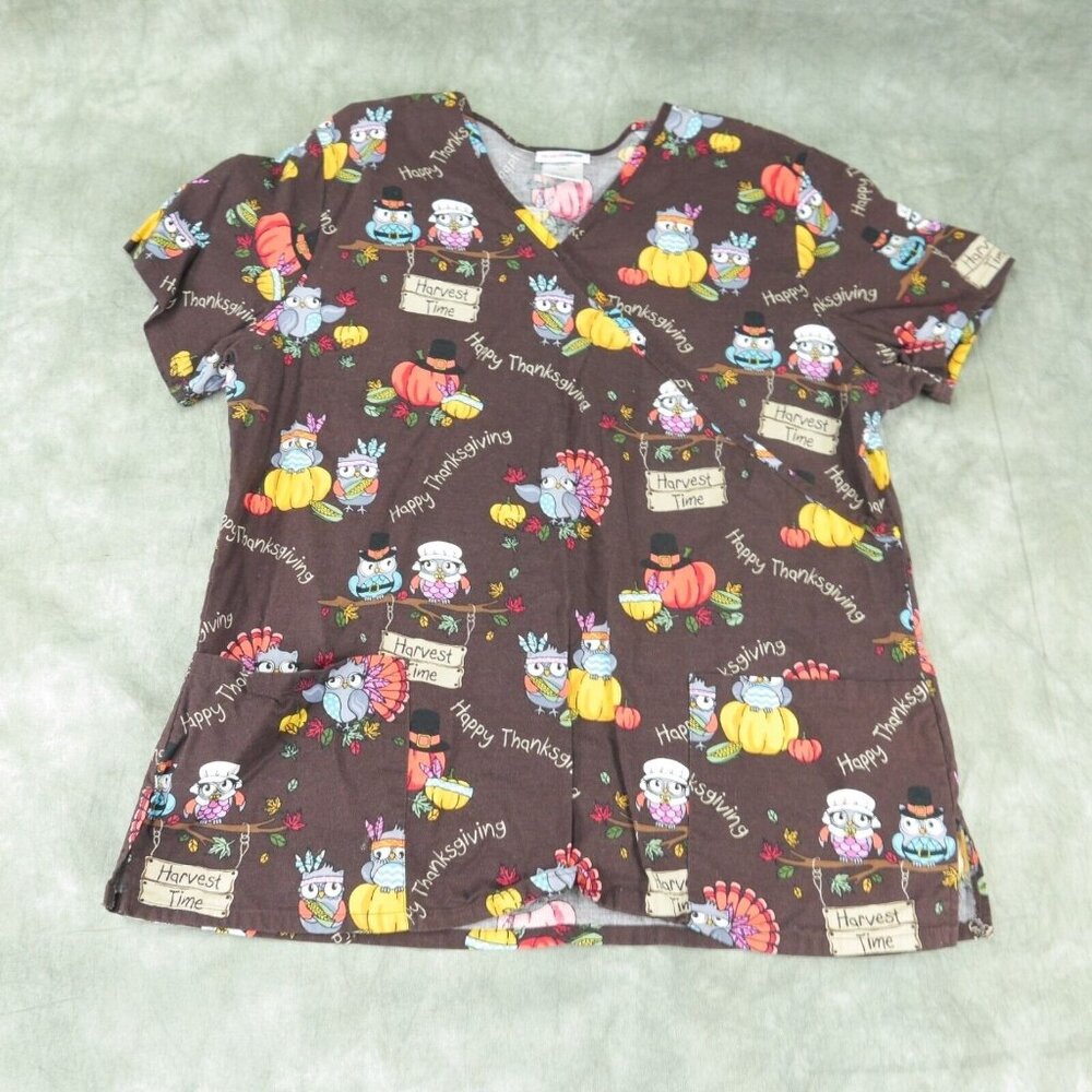 EUC ScrubStar THANKSGIVING SCRUBS TOP euc Women's Size LARGE 100% COTTON s-8454